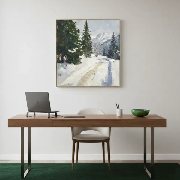 Impressionist landscape hand-painted canvas depicting snowy mountain road lined with evergreen trees in cool whites and greens, contemporary workspace