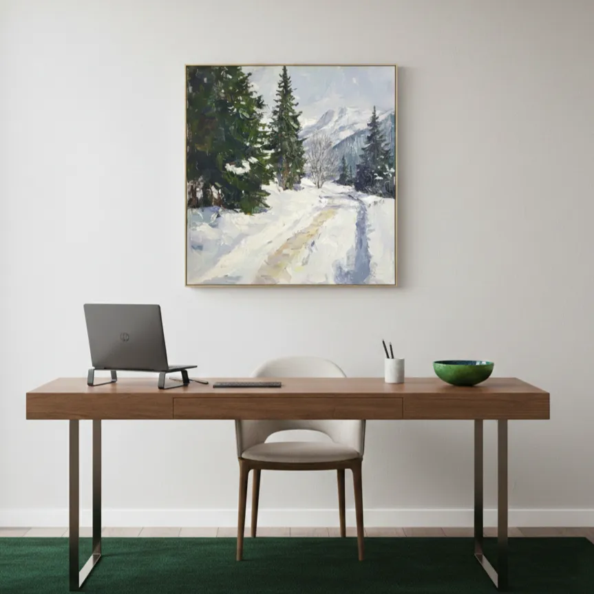 Frozen Summit Serenity Distant mountains in soft blue Color art wall decor (3) Impressionist landscape hand-painted canvas depicting snowy mountain road lined with evergreen trees in cool whites and greens, contemporary workspace