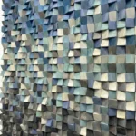 Textured abstract hand-painted canvas in layered cream, sage, and slate tones with dimensional relief squares