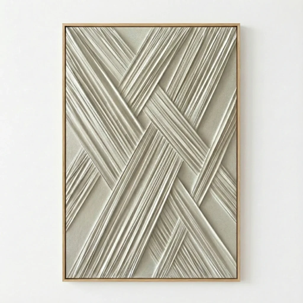 Textured abstract hand-painted canvas with diagonal striped patterns in cream and taupe tones, contemporary interior