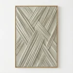 Textured abstract hand-painted canvas with diagonal striped patterns in cream and taupe tones, contemporary interior