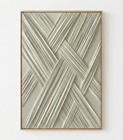 Textured abstract hand-painted canvas with diagonal striped patterns in cream and taupe tones, contemporary interior