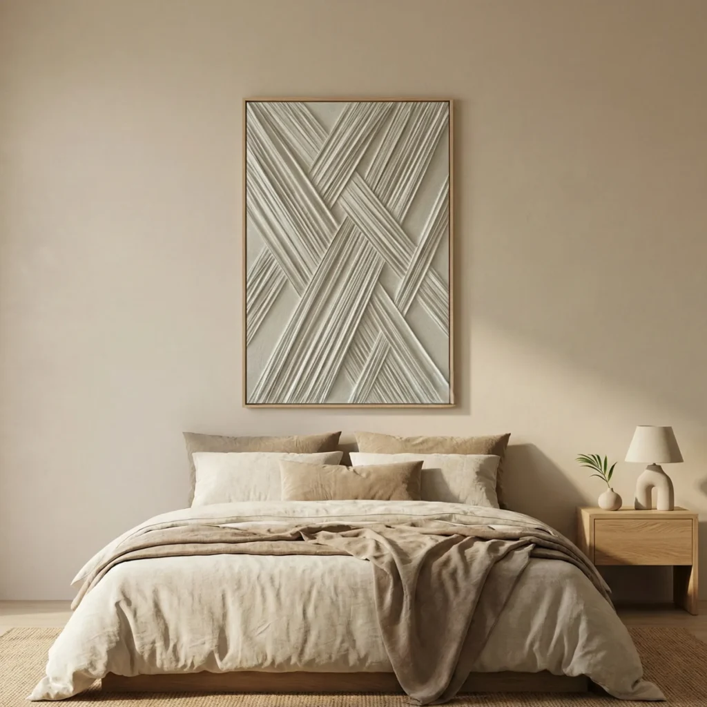 Textured abstract hand-painted canvas with interlocking diagonal striped patterns in cream and grey tones, contemporary bedroom