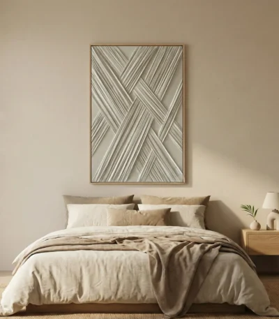 Textured abstract hand-painted canvas with interlocking diagonal striped patterns in cream and grey tones, contemporary bedroom