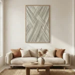 Textured abstract hand-painted canvas with interlocking diagonal striations in cream and grey, contemporary living space