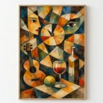 Cubist hand-painted canvas featuring abstract faces, clock, guitar, wine glass and fruit in warm ochres, blues and earth tones