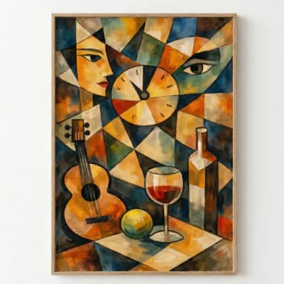 Cubist hand-painted canvas featuring abstract faces, clock, guitar, wine glass and fruit in warm ochres, blues and earth tones