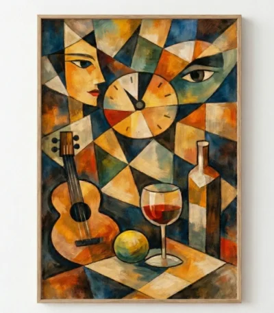 Cubist hand-painted canvas featuring abstract faces, clock, guitar, wine glass and fruit in warm ochres, blues and earth tones