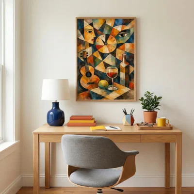 Cubist hand-painted canvas featuring fragmented faces, clock, guitar and wine glass in warm ochres and deep blues, contemporary workspace