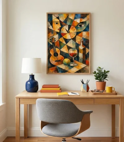 Cubist hand-painted canvas featuring fragmented faces, clock, guitar and wine glass in warm ochres and deep blues, contemporary workspace