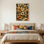 Cubist hand-painted canvas depicting stylized faces, clock, guitar and wine in warm oranges, deep blues and ochre tones, modern bedroom