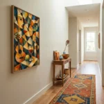 Cubist hand-painted canvas featuring abstract faces, guitar, and wine glass in warm ochres and deep teals, hallway setting