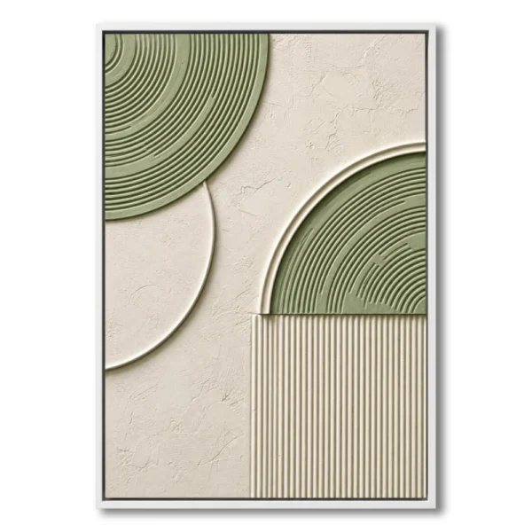 Plaster relief with concentric sage-green rings and vertical fluted stripes on cream, black frame