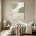 Minimalist abstract hand-painted canvas with organic curved forms in sage green and cream, contemporary bedroom setting