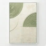 Minimalist hand-painted canvas with curved geometric forms and linear textures in soft sage green and cream tones