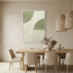 Minimalist abstract hand-painted canvas with organic curved line work in soft sage green and cream tones, dining space setting