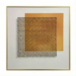 Minimalist hand-painted canvas with geometric grid pattern in black and ochre tones, contemporary living space