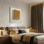 Minimalist abstract hand-painted canvas in gold and charcoal geometric layering, contemporary bedroom setting