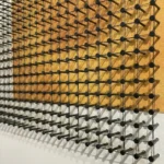 Minimalist hand-painted canvas with geometric network of black spheres and connecting lines in gold and white tones