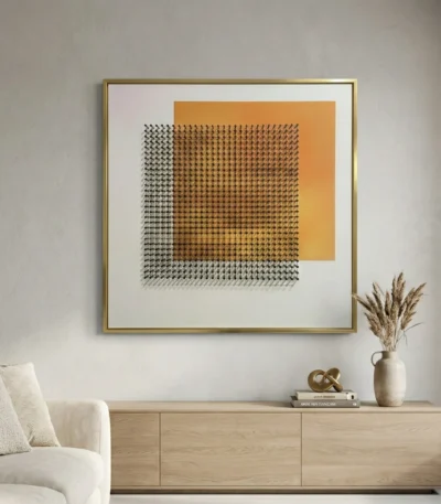 Minimalist hand-painted canvas with geometric grid pattern and ochre rectangle, neutral and warm tones, contemporary living space