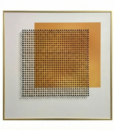 Minimalist hand-painted canvas with geometric grid pattern in black and ochre tones, contemporary living space