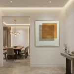 Contemporary abstract hand-painted canvas featuring geometric patterns in ochre, cream and black, modern entryway