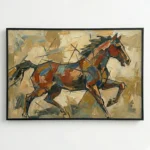 Gestural expressionist hand-painted canvas depicting a galloping horse in rust and blue tones against warm ochre background