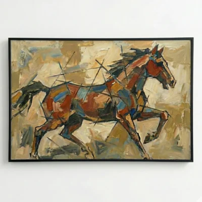 Gestural expressionist hand-painted canvas depicting a galloping horse in rust and blue tones against warm ochre background