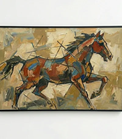 Gestural expressionist hand-painted canvas depicting a galloping horse in rust and blue tones against warm ochre background