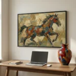Gestural abstract expressionist hand-painted canvas depicting a dynamic horse in bold reds, blues, and ochre brushstrokes, contemporary workspace