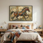 Gestural abstract expressionist hand-painted canvas depicting a dynamic horse in rust, blue, and ochre strokes, modern bedroom