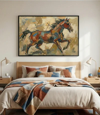 Gestural abstract expressionist hand-painted canvas depicting a dynamic horse in rust, blue, and ochre strokes, modern bedroom