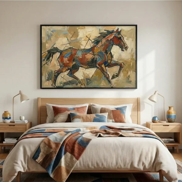 Gestural abstract expressionist hand-painted canvas depicting a dynamic horse in rust, blue, and ochre strokes, modern bedroom