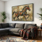 Gestural expressionist hand-painted canvas depicting a dynamic horse in rust, blue and ochre tones, contemporary living space