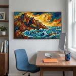 Expressionist hand-painted canvas depicting rugged coastal cliffs, turbulent seas, and radiant sun in bold reds, oranges, blues, and yellows, modern workspace
