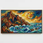 Expressionist hand-painted canvas depicting rugged coastal cliffs, turbulent sea, and radiant sun in bold reds, oranges, teals, and blues