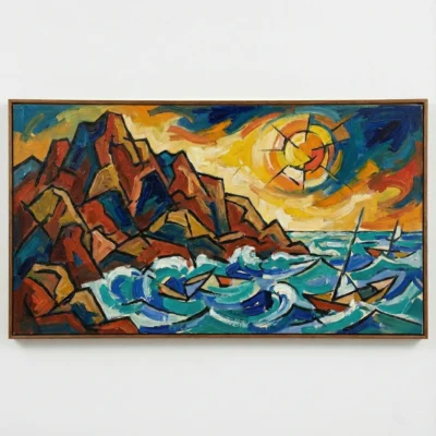Expressionist hand-painted canvas depicting rugged coastal cliffs, turbulent sea, and radiant sun in bold reds, oranges, teals, and blues