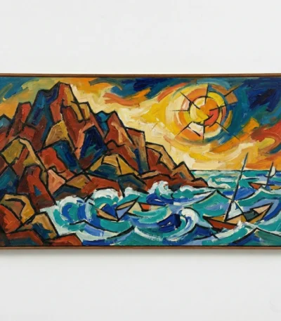 Expressionist hand-painted canvas depicting rugged coastal cliffs, turbulent sea, and radiant sun in bold reds, oranges, teals, and blues