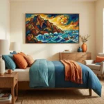 Expressionist seascape hand-painted canvas depicting rocky cliffs, turbulent waves, and golden sun in vibrant blues, oranges, and reds, contemporary bedroom setting