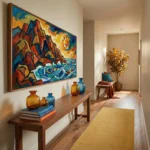Gestural abstract expressionist hand-painted canvas featuring dynamic red and blue mountains with golden sun and turquoise waves, vibrant contemporary hallway