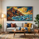 Expressionist hand-painted canvas depicting rugged coastal cliffs and turbulent seas in bold blues, oranges, and yellows, contemporary living space