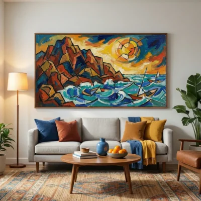 Expressionist hand-painted canvas depicting rugged coastal cliffs and turbulent seas in bold blues, oranges, and yellows, contemporary living space