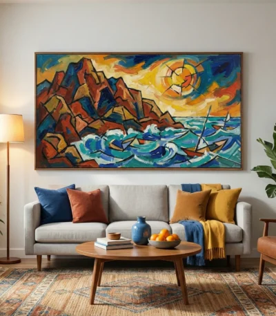 Expressionist hand-painted canvas depicting rugged coastal cliffs and turbulent seas in bold blues, oranges, and yellows, contemporary living space