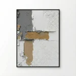 Textured abstract hand-painted canvas with exposed layered materials in tan, grey and white tones