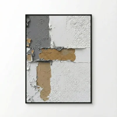 Textured abstract hand-painted canvas with exposed layered materials in tan, grey and white tones