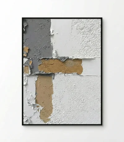 Textured abstract hand-painted canvas with exposed layered materials in tan, grey and white tones