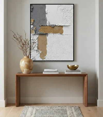 Textured abstract hand-painted canvas in cream, white and ochre with layered geometric forms, modern entryway