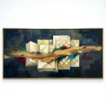 Contemporary abstract hand-painted canvas with gestural gold leaf brushstrokes, deep navy and teal accents, cream geometric layers