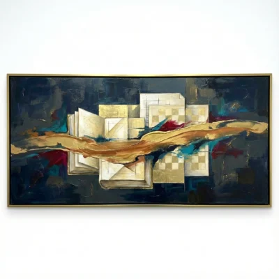 Contemporary abstract hand-painted canvas with gestural gold leaf brushstrokes, deep navy and teal accents, cream geometric layers