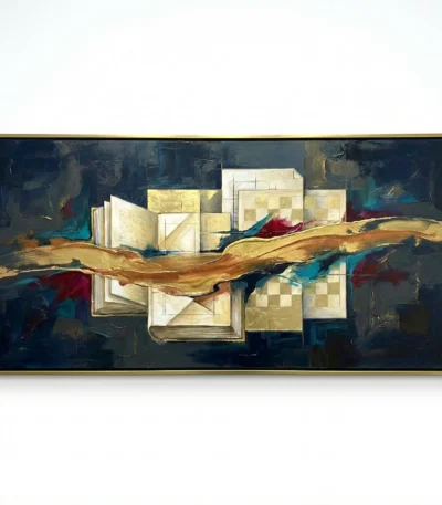 Contemporary abstract hand-painted canvas with gestural gold leaf brushstrokes, deep navy and teal accents, cream geometric layers